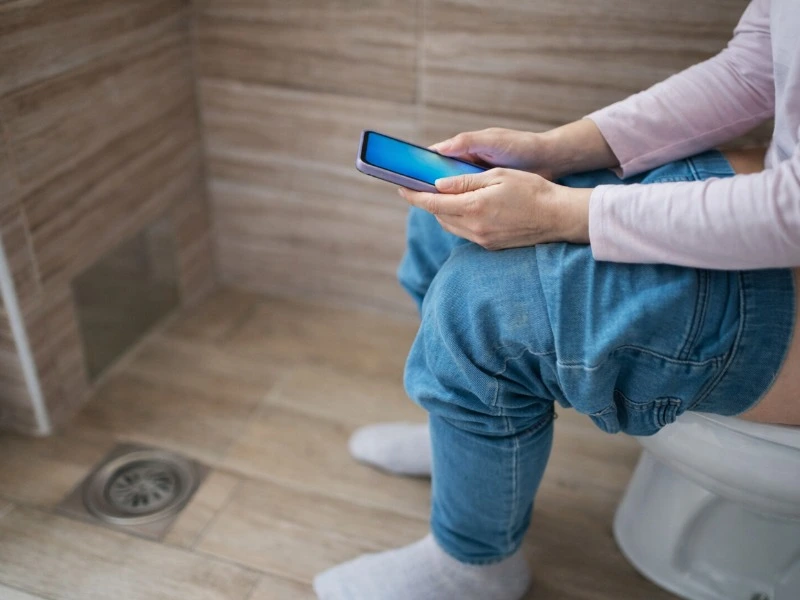 seseorang bermain hp saat duduk di toilet