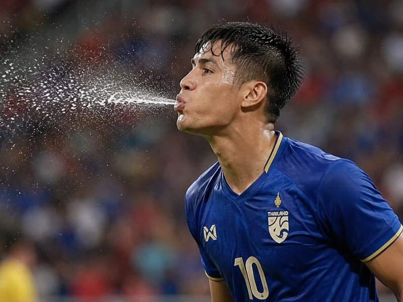 Pemain sepak bola menyembur minuman saat pertandingan sebagai bagian dari strategi hidrasi dan menjaga performa fisik